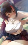  1girl animal_ear_fluff animal_ears bare_shoulders black_hair black_skirt blurry blurry_background blush breasts closed_mouth commentary fumihiko_(fu_mihi_ko) hair_ornament hairclip highres hololive jewelry large_breasts long_hair multicolored_hair necklace nose_blush ookami_mio orange_eyes outdoors red_hair shadow shirt sitting skirt sleeveless sleeveless_shirt smile solo star_(symbol) star_hair_ornament streaked_hair virtual_youtuber white_shirt wolf_ears 