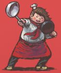  1boy :d apron bangs blush_stickers brown_hair buttons chef_hat commentary_request contrapposto danganronpa_(series) danganronpa_2:_goodbye_despair double-breasted frying_pan hanamura_teruteru hat holding holding_frying_pan holding_ladle ladle looking_at_viewer male_focus namu_(nurui_cha) neckerchief open_mouth pants red_apron red_background red_neckwear shoes short_hair simple_background smile solid_oval_eyes solo standing upper_teeth v-shaped_eyebrows 