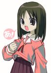  1girl :d azumanga_daioh azumanga_daioh&#039;s_school_uniform bad_id bad_twitter_id black_eyes brown_hair cowboy_shot highres iniooooo kasuga_ayumu long_hair long_sleeves looking_at_viewer open_mouth pink_shirt pleated_skirt purple_skirt sailor_collar school_uniform serafuku shirt simple_background skirt smile solo speech_bubble standing v-shaped_eyebrows white_background 