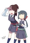  2girls blue_hair bow breasts brown_hair constanze_amalie_von_braunschbank-albrechtsberger dress green_eyes hair_bow kagari_atsuko little_witch_academia long_hair luna_nova_school_uniform multiple_girls open_mouth ponytail red_eyes school_uniform simple_background thick_eyebrows tsukudani_(coke-buta) white_background 