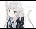  1girl animal_ear_fluff animal_ears arknights bangs blush cat_ears cat_girl cat_tail cloak dated eyebrows_visible_through_hair fingerless_gloves gloves green_eyes hood hood_down hooded_cloak long_hair nstlgie rosmontis_(arknights) silver_hair solo tail tongue tongue_out 