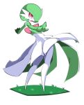  1girl dress from_behind full_body gardevoir gen_3_pokemon green_hair hair_over_one_eye highres kakihou legs looking_back no_humans open_mouth outstretched_arms pokemon pokemon_(creature) red_eyes short_hair simple_background solo thighs white_background white_dress wind wind_lift 