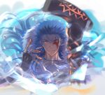  1boy blood blood_on_face blue_hair bracelet capelet cu_chulainn_(caster)_(fate) cu_chulainn_(fate) earrings eye_injury fate/grand_order fate_(series) floating_hair fur-trimmed_hood fur_trim grin highres hood hooded_capelet injury jewelry long_hair looking_at_viewer male_focus one_eye_closed red_eyes slit_pupils smile solo spiked_hair staff wooden_staff zuif_d 