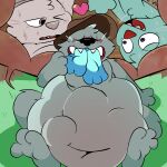 1:1 2021 abdominal_bulge almost_fully_inside anthro anthro_pred anthro_prey belly big_belly blush bodily_fluids bugsnax cutaway deep_navel digital_media_(artwork) eggabell_batternugget elizabert_megafig feet female female_pred female_prey filbo_fiddlepie fully_inside fur gesture grass grey_body grey_fur group grumpus heart_symbol hi_res huge_belly internal looking_at_another male male_prey multiple_prey navel neck_bulge one_eye_closed open_mouth oral_vore organs pawplants plant purple_eyes same_size_vore sharp_teeth soft_vore stomach sweat teeth trio vore waving young_horses