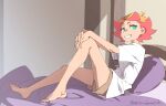  1girl amanda_o&#039;neill arikindows10 artist_name barefoot bed blue_eyes feet full_body little_witch_academia looking_at_viewer multicolored_hair on_bed orange_hair red_hair short_hair sitting sitting_on_bed smile solo teeth toes twitter_username witch 