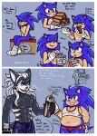 abs anthro bandage bandaged_foot belly beverage biceps big_belly black_body black_fur blue_body bodily_fluids bottomwear canid canine canis chili_dog clothed clothing comic container cup cutlery dessert dialogue digital_media_(artwork) drinking drinking_straw duo eating english_text eulipotyphlan exercise fingers food fur gloves green_eyes hair handwear hedgehog hi_res holding_chili_dog holding_container holding_cup holding_food holding_object holding_spoon hot_dog ice_cream infinite_(sonic) jackal kitchen_utensils male male/male mammal milkshake moobs muscular muscular_anthro muscular_male navel ninelivesaved obese obese_anthro obese_male open_mouth overweight overweight_anthro overweight_male pecs sega shirt shorts simple_background sitting sonic_forces sonic_the_hedgehog sonic_the_hedgehog_(series) speech_bubble spoon sweat sweatdrop tail tank_top teeth text tools topless topless_anthro topless_male topwear weight_gain workout