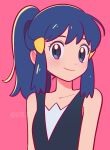  1girl alternate_hairstyle bare_shoulders black_eyes black_shirt blue_hair chueog closed_mouth dawn_(pokemon) hair_ornament hairclip highres long_hair looking_at_viewer pink_background pokemon pokemon_dppt ponytail shirt sleeveless sleeveless_shirt smile solo twitter_username upper_body 