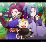 1boy 1girl :d alternate_costume bangs bare_shoulders blue_eyes blurry breasts closed_mouth clothed_pokemon commentary cosplay day fate/grand_order fate/stay_night fate_(series) flower gen_1_pokemon green_eyes hair_ribbon holding holding_flower holding_sword holding_weapon james_(pokemon) jessie_(pokemon) long_hair meowth miki_shin&#039;ichirou miyamoto_musashi_(fate) miyamoto_musashi_(fate)_(cosplay) namesake noyeshr open_mouth outdoors pokemon pokemon_(anime) pokemon_(creature) ponytail purple_hair red_flower ribbon sasaki_kojirou_(fate) sasaki_kojirou_(fate)_(cosplay) sash smile sword team_rocket tied_hair tongue tree voice_actor_connection weapon wide_sleeves yagyuu_munenori_(fate) yagyuu_munenori_(fate)_(cosplay) 