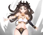  1girl armlet bangs bikini black_bikini black_hair black_headwear breasts cowboy_shot detached_sleeves earrings fate/grand_order fate_(series) hair_ribbon highres hoop_earrings ishtar_(fate) ishtar_(fate)_(all) jewelry long_hair looking_at_viewer medium_breasts mismatched_bikini navel neck_ring open_mouth outstretched_arms panties parted_bangs red_eyes ribbon single_sleeve smile solo spread_arms swimsuit tiara two_side_up underwear white_bikini zukki0731 