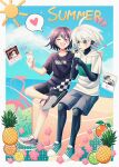  2boys :d bangs beach bicycle black_shirt blush border cheer_(cheerkitty14) closed_eyes cloud cocktail collarbone commentary commission cup danganronpa_(series) danganronpa_v3:_killing_harmony dated day drinking drinking_glass drinking_straw english_commentary food fruit grey_eyes grey_shorts ground_vehicle hair_between_eyes heart highres holding hood hoodie keebo male_focus multiple_boys notice_lines open_mouth orange_(food) ouma_kokichi outdoors photo_(object) pineapple shirt short_sleeves shorts shrine sitting smile spoken_heart summer sweat white_border white_hoodie 