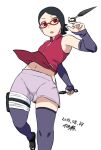  1girl bandages black_hair boruto:_naruto_next_generations glasses kunai looking_at_viewer naruto_(series) navel open_mouth red-framed_eyewear red_eyes short_hair shorts simple_background solo thighhighs tsukudani_(coke-buta) uchiha_sarada weapon white_background 