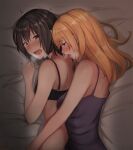  2girls asymmetrical_hair bed_sheet black_bra blonde_hair blush bow bra breasts breath brown_hair camisole commentary eyebrows_visible_through_hair from_above fumei_(mugendai) furrowed_brow hair_between_eyes hair_ribbon heavy_breathing implied_fingering long_hair looking_back lying maribel_hearn medium_breasts medium_hair multiple_girls on_bed on_side open_mouth ponytail purple_camisole purple_eyes red_eyes ribbon saliva sheet_grab sleeveless small_breasts spaghetti_strap spooning tongue tongue_out touhou trembling tress_ribbon underwear upper_body usami_renko white_bow yuri 