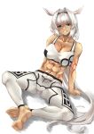  1girl abs absurdres alternate_costume animal_ears arm_support armpit_crease bangs bare_shoulders barefoot black_hairband blue_eyes body_markings breasts caenis_(fate) cleavage collarbone commentary_request commission dark-skinned_female dark_skin eyebrows_visible_through_hair fate/grand_order fate_(series) full_body grin hair_intakes hairband highres kuromu large_breasts long_hair looking_at_viewer low_ponytail navel pants partial_commentary shadow sidelocks simple_background sitting skeb_commission smile solo sports_bra tattoo teeth tight tight_pants very_long_hair white_background white_hair white_pants white_sports_bra 