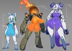  3girls android animal_ears blue_skin breasts colored_skin elbow_gloves elly_(pochincoff) fiery_hair fire gloves grey_background horns humanoid_robot large_breasts long_hair mechanical_arms medium_breasts multiple_girls no_mouth orange_skin orca_(pochincoff) original oversized_limbs pochincoff purple_skin pussy robot see-through_body short_hair shoulder_spikes simple_background small_breasts spikes thighhighs una_(pochincoff) white_hair white_thighhighs 