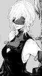  10h_(nier_reincarnation) 1girl bare_shoulders black_blindfold black_dress blindfold breasts cleavage_cutout clothing_cutout detached_sleeves dress grey_background greyscale highres huge_weapon lips looking_at_viewer medium_breasts medium_hair messy_hair monochrome nier_(series) nier_reincarnation nishiii26miii pink_lips pommel_tassel smile sword sword_on_back twitter_username watermark weapon weapon_on_back white_hair wolf_cut 