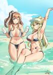  2girls arm_up bikini blonde_hair blue_eyes blue_sky breasts brown_hair can cloud day grey_bikini hair_between_eyes highres iowa_(kancolle) kantai_collection large_breasts long_hair looking_at_viewer making-of multiple_girls osananajimi_neko outdoors ponytail saratoga_(kancolle) side_ponytail sidelocks sky smokestack smokestack_hair_ornament soaking_feet swimsuit water 