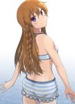  1girl absurdres ass bikini blue_eyes braid breasts brown_hair from_behind highres idolmaster idolmaster_million_live! kousaka_umi long_hair looking_back medium_breasts ocean shaft_look shuucream_(syuichi) smile solo striped striped_bikini swimsuit twin_braids wading wet 