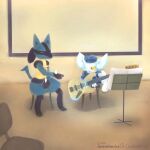 1boy 1girl absurdres classroom commentary english_commentary gen_4_pokemon gen_6_pokemon guitar highres instrument lucario meowstic no_humans pokemon seavalanche sheet_music sitting 