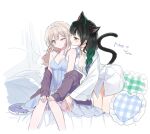  2girls animal_ears bed black_hair blonde_hair blue_dress blush braid breasts brown_sweater cat_ears cat_girl cat_tail cleavage dress elreyiens green_hair hand_in_another&#039;s_hair hand_on_another&#039;s_thigh kemonomimi_mode looking_to_the_side medium_breasts multicolored_hair multiple_girls nijisanji nijisanji_kr one_eye_closed open_clothes open_shirt pillow purple_eyes shin_yuya shirt sitting so_nagi streaked_hair sweater tail virtual_youtuber white_shirt yuri 