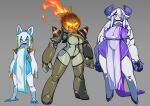  3girls android animal_ears blue_skin breasts colored_skin elbow_gloves elly_(pochincoff) fiery_hair fire flat_chest gloves grey_background horns humanoid_robot large_breasts long_hair mechanical_arms medium_breasts multiple_girls no_mouth orange_skin orca_(pochincoff) original oversized_limbs pelvic_curtain pochincoff purple_skin robot see-through_body short_hair shoulder_spikes simple_background spikes thighhighs una_(pochincoff) white_hair white_thighhighs 