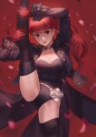  1girl belt black_jacket black_legwear black_leotard breasts choker cleavage coattails cowboy_shot flexible flower gloves highres jacket jolker leg_hold leg_up leotard light_smile long_hair looking_at_viewer medium_breasts motion_blur persona persona_5 persona_5_the_royal petals ponytail red_eyes red_gloves red_hair rose rose_petals solo split standing standing_on_one_leg standing_split thighhighs yoshizawa_kasumi 