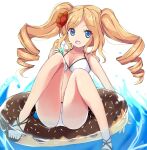  1girl bikini blonde_hair blue_eyes breasts cup doughnut drill_hair flower food hair_flower hair_ornament holding holding_cup honolulu_(kancolle) innertube kantai_collection large_breasts long_hair miyamori_raira official_alternate_costume red_flower solo sprinkles swimsuit twin_drills twintails white_bikini 