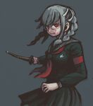  1girl bangs black_sailor_collar black_skirt bokken braid breasts commentary_request danganronpa_(series) danganronpa_2:_goodbye_despair from_side glasses grey_background hair_ribbon holding holding_weapon large_breasts long_hair long_sleeves looking_at_viewer namu_(nurui_cha) neckerchief pekoyama_peko pleated_skirt red_eyes ribbon sailor_collar school_uniform simple_background skirt solo sword teeth twin_braids weapon white_ribbon wooden_sword 