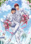  2boys aomine_daiki blue_eyes blue_hair bouquet carrying cloud commentary_request couple dark-skinned_male dark_skin day falling_petals flower formal grin groom highres holding holding_bouquet husband_and_husband kagami_taiga kuroko_no_basuke light_rays male_focus multiple_boys necktie outdoors petals princess_carry red_eyes red_hair rose short_hair sky smile suit sunbeam sunlight teeth wedding white_suit yaoi zawar379 