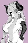  1girl braid breasts covering covering_breasts draph granblue_fantasy greyscale hair_over_one_eye highres horns large_breasts long_hair looking_at_viewer low_tied_hair monochrome narmaya_(granblue_fantasy) pointy_ears purple_background single_braid solo teriton 