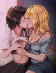  2girls asymmetrical_hair bed black_skirt blonde_hair blue_shirt blue_skirt blush bra breasts breath brown_eyes brown_hair cleavage clothes_lift clothes_pull collarbone collared_shirt commentary cowboy_shot eyebrows_visible_through_hair face-to-face french_kiss fumei_(mugendai) furrowed_brow hair_between_eyes hair_ribbon heavy_breathing indoors kiss lace-trimmed_bra lace_trim looking_at_another maribel_hearn medium_breasts midriff multiple_girls off_shoulder on_bed open_mouth ponytail purple_bra purple_eyes ribbon saliva shirt shirt_lift shirt_pull sitting skirt straight_hair sweat sweatdrop tongue tongue_out touhou tress_ribbon underwear usami_renko white_ribbon white_shirt window wing_collar yuri 