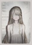  1girl absurdres bandages bandages_over_eyes bangs bare_shoulders blonde_hair choker commentary dress expressionless height_chart highres huge_filesize long_hair original photo_(object) rium_(tokiki_(tomok1)) solo tokiki_(tomok1) white_dress 