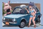  2girls african_elephant_(kemono_friends) belt bikini bird_girl bird_tail bird_wings black_hair black_neckwear black_shirt blue_bikini bow bowtie car car_wash casual choker commentary denim elephant_ears elephant_girl elephant_tail extra_ears gradient_hair greater_flamingo_(kemono_friends) grey_hair ground_vehicle head_wings highres hose jeans kemono_friends kemono_friends_3 long_hair midriff_peek motor_vehicle multicolored_hair multiple_girls navel nissan nissan_pao off-shoulder_shirt off_shoulder official_alternate_costume orange_eyes pants pink_hair plaid plaid_bikini pun red_belt sandals shirt sidelocks sweatdrop swimsuit tail toriny two-tone_hair white_hair wings yellow_eyes yellow_neckwear 