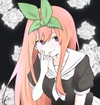  1girl bangs black_background black_shirt blue_eyes blurry blurry_background blush breasts commentary_request eyebrows_behind_hair flower go-toubun_no_hanayome green_ribbon hair_between_eyes hair_ribbon kujou_karasuma long_hair looking_at_viewer medium_breasts nakano_yotsuba neckerchief orange_hair parted_lips pleated_skirt puffy_short_sleeves puffy_sleeves ribbon rose sailor_collar school_uniform serafuku shirt short_sleeves signature skirt smile solo very_long_hair white_flower white_neckwear white_rose white_sailor_collar white_skirt 