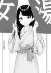  1girl absurdres bangs bath_yukata blush closed_mouth commentary_request greyscale hands_up highres japanese_clothes kimono long_hair looking_at_viewer mole mole_under_eye monochrome obi original sash signature smile solo standing striped takenoko_no_you vertical-striped_kimono vertical_stripes yukata 