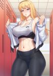  1girl abs bangs bare_shoulders black_pants blonde_hair blue_eyes breasts cleavage covered_nipples gonster hairband highres jacket large_breasts locker locker_room long_hair midriff muscular muscular_female navel original pants sports_bra thick_thighs thighs track_jacket yoga_pants 