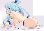  1girl aqua_(konosuba) back bare_shoulders blue_eyes blue_hair breasts detached_sleeves hair_ornament kneeling kono_subarashii_sekai_ni_shukufuku_wo! large_breasts looking_back md5_mismatch nude on_bed simple_background solo thighhighs tottotonero white_legwear 