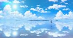  1girl bag black_hair blue_sky cloud commentary_request day from_behind full_body grey_skirt holding holding_bag long_hair original outdoors reflective_water salar_de_uyuni scenery shirt skirt sky solo standing standing_on_liquid sun water white_shirt yakkunn 