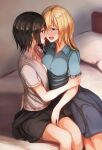  2girls after_kiss asymmetrical_docking asymmetrical_hair bed between_legs black_skirt blonde_hair blue_shirt blue_skirt blush breast_press breasts brown_hair collared_shirt commentary cowboy_shot eyebrows_visible_through_hair face-to-face frilled_sleeves frills fumei_(mugendai) furrowed_brow hair_between_eyes hand_between_legs hug indoors long_hair maribel_hearn medium_breasts medium_hair miniskirt multiple_girls on_bed open_clothes open_mouth open_shirt pillow ponytail purple_eyes red_eyes saliva saliva_trail shirt sitting skirt small_breasts sunlight sweat sweatdrop thighs touhou usami_renko white_shirt wing_collar yuri 