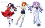  3girls absurdres ahoge bangs bare_shoulders black_shorts blue_bow blue_dress blue_eyes blush bow breasts brown_hair dress fate/grand_order fate_(series) forehead fujimaru_ritsuka_(female) full_body glasses hair_bow hair_ornament hair_scrunchie high_heels highres jewelry large_breasts leonardo_da_vinci_(fate) leonardo_da_vinci_(rider)_(fate) long_hair long_sleeves looking_at_viewer medium_breasts multiple_girls necklace one_side_up open_mouth orange_eyes orange_hair outstretched_arms parted_bangs ponytail purple_eyes purple_hair red_dress sandals scrunchie see-through_jacket sheer_clothes short_hair shorts sion_eltnam_sokaris small_breasts smile tank_top twintails underbust yellow_tank_top yuu_(higashi_no_penguin) 