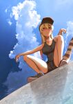  1girl alternate_costume arm_rest bare_arms bare_legs bare_shoulders baseball_cap black_camisole black_shorts blonde_hair blush camisole casual closed_mouth collarbone contemporary day from_below full_body hat highres kashisu_mint kemono_friends king_cobra_(kemono_friends) long_hair looking_at_viewer looking_down multicolored multicolored_eyes multicolored_hair nose_blush orange_eyes outdoors outstretched_arms pink_hair shoes short_shorts shorts sky snake_tail solo spread_legs squatting sweat tail tan two-tone_hair yellow_eyes 