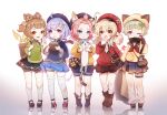  3: 5girls :d ahoge alternate_costume animal animal_ear_fluff animal_ears arm_behind_back bag bandaged_arm bandaged_leg bandages bangs bangs_pinned_back basket bell beret black_footwear black_gloves black_headwear black_scarf black_shirt black_skirt blonde_hair blue_eyes blue_shorts blue_skirt blunt_bangs boots bow braid brown_bow brown_eyes brown_footwear brown_hair brown_skirt cabbie_hat carrying casual cat cat_ears cat_girl cat_tail chinese_clothes clover_print coconut coin_hair_ornament collared_shirt commentary contemporary diona_(genshin_impact) drinking drinking_straw eyebrows_visible_through_hair fake_animal_ears fingerless_gloves fishnets flower forehead fruit_cup full_body genshin_impact gloves gradient gradient_background green_shirt hair_bell hair_between_eyes hair_bow hair_ornament hair_ribbon hair_rings handbag hands_up hat highres holding holding_animal jingle_bell kezi klee_(genshin_impact) kneehighs leaf_hair_ornament long_hair long_sleeves looking_at_viewer low_ponytail low_twintails mary_janes multiple_girls necktie ofuda one_eye_closed open_mouth parted_lips pink_hair pleated_skirt pointy_ears pouch puffy_long_sleeves puffy_shorts puffy_sleeves purple_eyes purple_hair qiqi_(genshin_impact) raccoon_ears red_flower red_headwear red_sweater reflection revision ribbon rubbing_eyes sack sayu_(genshin_impact) scarf school_uniform serafuku shirt shoes short_eyebrows short_hair short_shorts shorts shorts_under_skirt shoulder_bag sidelocks signature silver_hair simple_background single_braid skirt sleepy smile socks standing sweater symbol-only_commentary tail tears thick_eyebrows thighhighs twin_braids twintails two_side_up v very_long_hair white_background white_legwear white_shirt white_shorts yaoyao_(genshin_impact) yellow_shirt zettai_ryouiki 