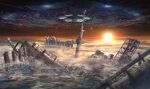  building cloud commentary_request no_humans original ruins scenery science_fiction sun tower ufo yakkunn 