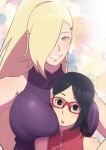  2girls age_difference between_breasts black_eyes black_hair blue_eyes blush boruto:_naruto_next_generations breasts eeshin_(eishin5584) glasses grin hair_over_one_eye head_between_breasts large_breasts long_hair looking_at_viewer multiple_girls naruto_(series) ponytail red-framed_eyewear short_hair smile uchiha_sarada yamanaka_ino 