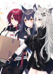  3girls absurdres angel animal_ear_fluff animal_ears arknights black_hair black_jacket black_nails blush chiwa_(chiwawanwan1206) closed_mouth commentary_request ear_piercing energy_wings exusiai_(arknights) eyebrows_visible_through_hair fox_ears fox_girl fox_tail grey_eyes hair_ornament hair_over_one_eye hairclip halo hand_on_another&#039;s_chin heart highres id_card jacket lappland_(arknights) long_hair multiple_girls musical_note nail_polish orange_eyes pantyhose penguin_logistics_(arknights) piercing raglan_sleeves red_hair scar scar_across_eye short_hair sweatdrop tail texas_(arknights) white_background white_hair white_jacket wolf_ears wolf_girl wolf_tail yuri 