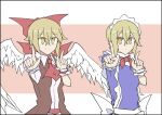  2girls apron ascot blonde_hair blue_dress bow brown_vest collared_shirt commentary_request cowboy_shot dot_mouth dress eyebrows_visible_through_hair feathered_wings foreshortening gengetsu_(touhou) hair_between_eyes hair_bow hair_ribbon index_finger_raised kenuu_(kenny) koi_dance looking_at_viewer maid maid_headdress mugetsu_(touhou) multiple_girls pink_background red_bow red_neckwear red_ribbon ribbon shirt short_hair siblings sidelocks simple_background sisters smile split_mouth touhou touhou_(pc-98) two-tone_background vest waist_apron white_background white_shirt white_wings wings wrist_cuffs yellow_eyes 