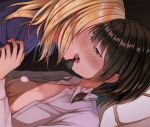  2girls black_background blonde_hair blush breast_grab breasts breath brown_hair censored collared_shirt commentary eyebrows_visible_through_hair french_kiss from_side fumei_(mugendai) furrowed_brow girl_on_top grabbing hair_between_eyes hair_ribbon heavy_breathing kiss lying maribel_hearn medium_hair multiple_girls no_bra on_back open_clothes open_mouth open_shirt ponytail profile purple_eyes ribbon saliva shirt simple_background small_breasts sweat sweatdrop tongue tongue_out touhou tress_ribbon unbuttoned upper_body usami_renko white_ribbon white_shirt wing_collar yellow_eyes yuri 