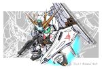  beam_rifle blue_eyes char&#039;s_counterattack character_name chibi colored_sclera energy_gun english_text fin_funnels full_body green_sclera gun gundam holding holding_gun holding_weapon looking_at_viewer mecha mobile_suit no_humans nu_gundam robot science_fiction sd_gundam shield shokkaa_(shmz61312) solo twitter_username v-fin weapon 