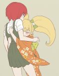  2girls animal_print bangs blonde_hair blush bow brown_background cat_hair_ornament cat_print closed_eyes commentary_request danganronpa_(series) danganronpa_2:_goodbye_despair dress feet_out_of_frame floral_print from_behind green_dress hair_bow hair_ornament height_difference hug japanese_clothes kimono koizumi_mahiru long_hair long_sleeves looking_at_another multiple_girls namu_(nurui_cha) obi orange_kimono pleated_skirt red_hair saionji_hiyoko sash shirt short_hair short_sleeves simple_background skirt twintails white_shirt wide_sleeves yuri 