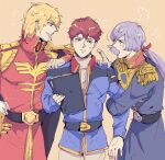  +++ 3boys :o amuro_ray angry arm_hug belt belt_buckle black_belt blonde_hair blue_coat blue_eyes brown_hair buckle char&#039;s_counterattack char_aznable clipboard coat epaulettes garma_zabi grin gundam gundam_gihren_no_yabou hair_ribbon hand_on_another&#039;s_shoulder high_collar highres holding holding_clipboard kare_(0621utak) long_hair long_sleeves looking_at_another male_focus military_uniform multiple_boys open_mouth orange_background pants parted_lips puff_of_air purple_eyes purple_hair red_coat red_ribbon ribbon shirt short_hair shoulder_boards simple_background smile sweat turtleneck white_pants white_shirt 