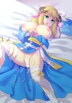  1girl after_sex archbishop_(ragnarok_online) bangs bar_censor blonde_hair blue_dress blush breasts bridal_gauntlets bukkake censored commentary_request cum cum_on_body dress eyebrows_visible_through_hair facial feet_out_of_frame green_eyes hair_between_eyes highres horns huge_breasts long_hair looking_at_viewer lying masaya_ichika nipples no_panties on_back on_bed open_mouth ragnarok_online sash solo thighhighs torn_clothes torn_legwear two-tone_dress white_dress white_legwear yellow_sash 